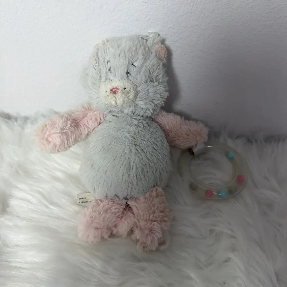 Baby Ganz Harmony Kitty Cat Ring Rattle 8” Gray Pink Plush Stuffed Animal Lovey